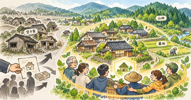 相続した家・農地・山林がまとめて売られる地域が増えています。外国人の土地取得規制だけでは解決しない「誰が持ち続けるか」という課題に対し、所有は地域に残し利用権を外へ渡す地域ランドバンクの考え方と、不動産・士業・警備・介護など異業種が担える役割を解説します。